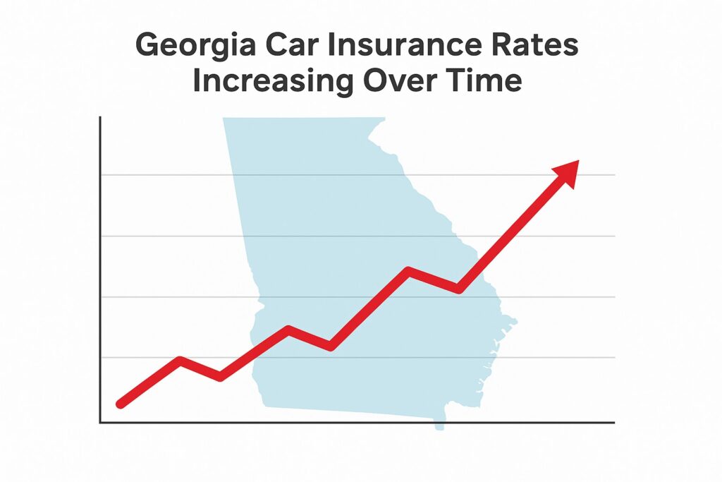 “Graphic showing increasing Georgia car insurance rates with upward trending lines and a Georgia state outline.”