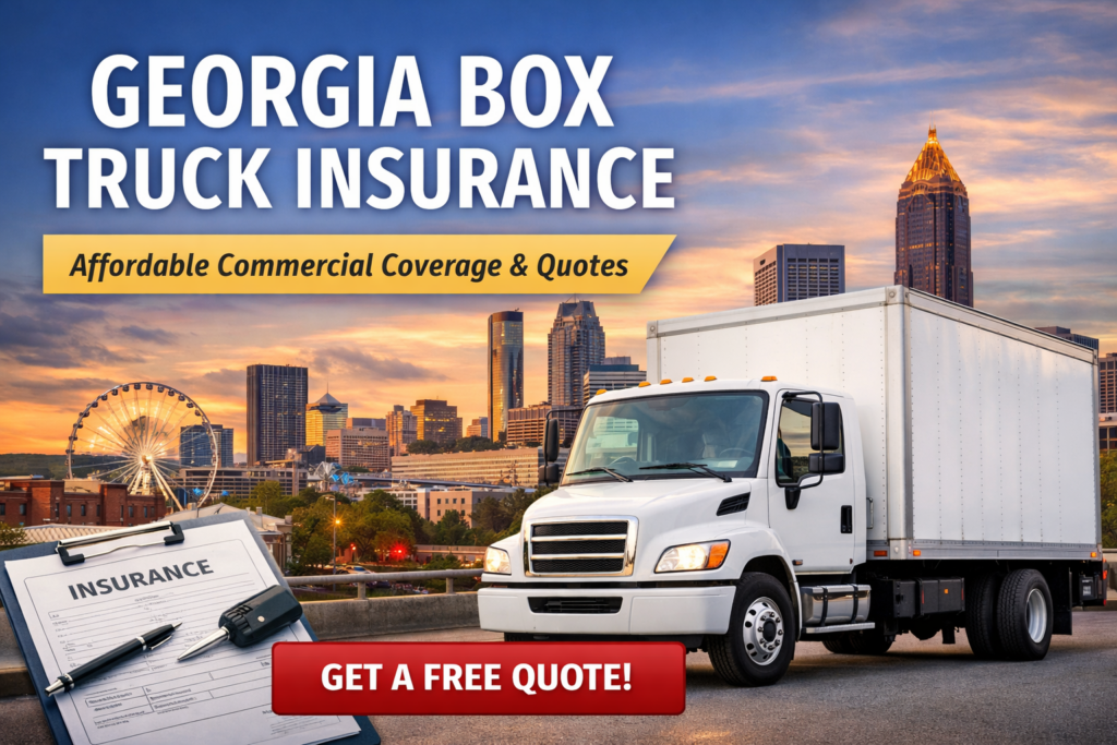 Georgia Box Truck Insurance image showing a commercial box truck in Atlanta with skyline background representing insured delivery and hauling businesses in Georgia