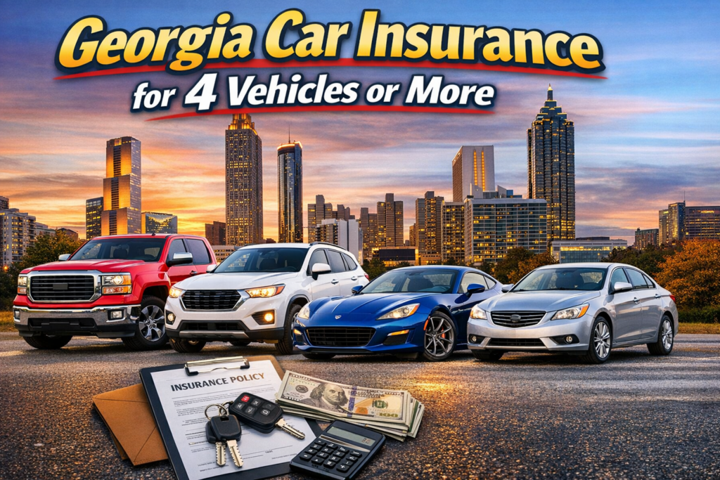 Four vehicles including a pickup truck, SUV, sports car, and sedan parked in front of the Atlanta skyline representing Georgia Car Insurance for 4 vehicles or more.