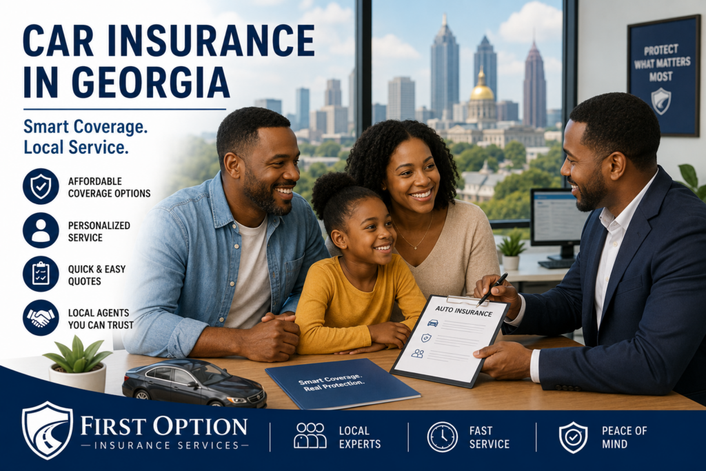 Progressive Car Insurance. Georgia family reviewing Progressive car insurance coverage with First Option Insurance Services agent
